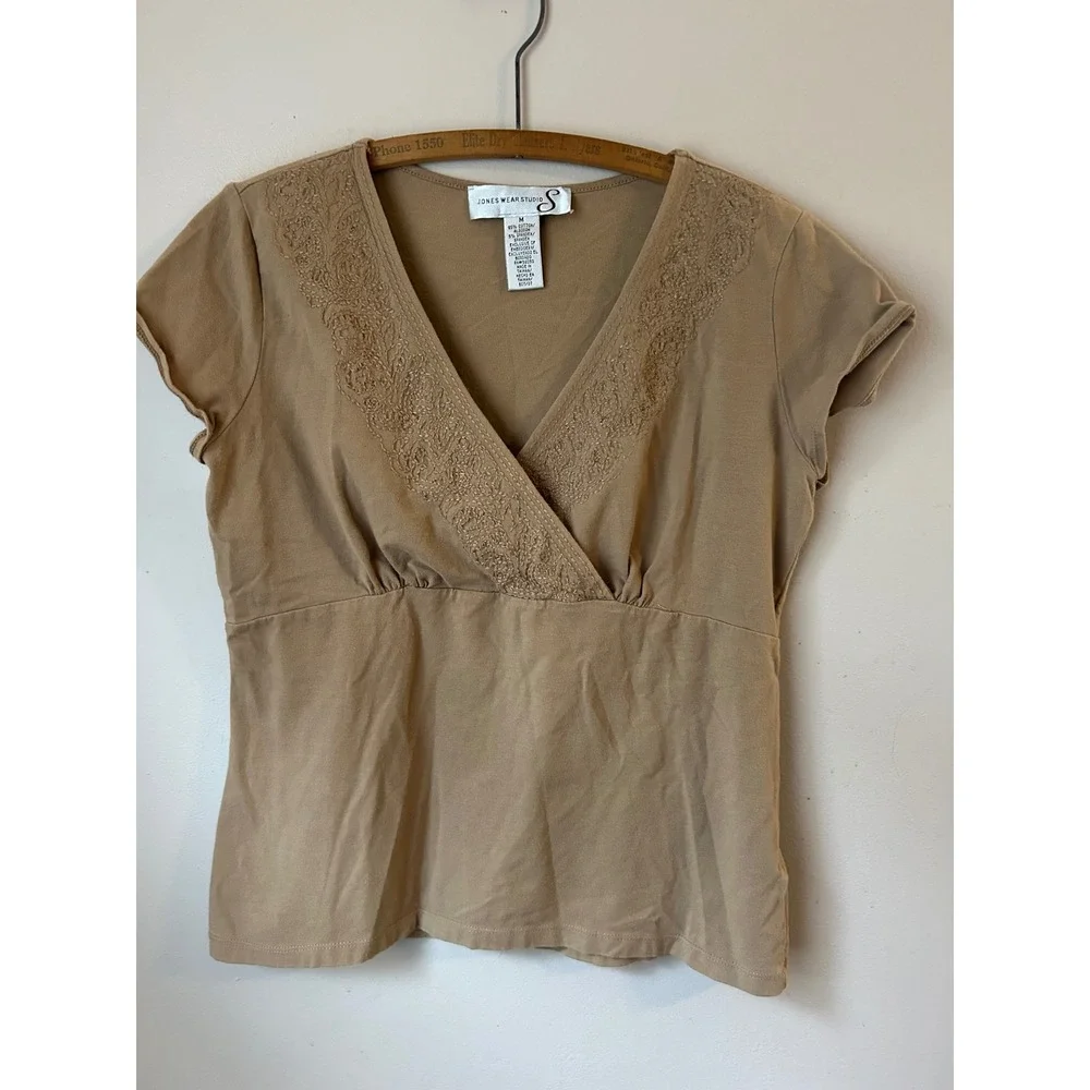 y2k Jones Wear Studio Beige‎ Embroidered V Neck Size M 90s Normcore Babydoll - Picture 5 of 8
